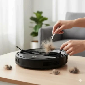 A user using the provided cleaning tool to easily remove and untangle pet hair from the eufy robot vacuum's side and main brushes.
