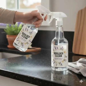 A user gently spraying the non-toxic Boulder Clean Lavender Vanilla Granite cleaner on a kitchen countertop.