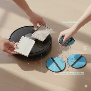 A guide showing how to remove and clean the HEPA filter and mop pads on a hybrid robot cleaner.