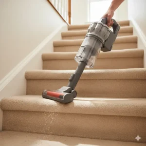 A person using a stick vacuum in handheld mode to easily clean carpeted stairs without a heavy base.