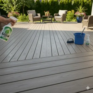 A fully clean and maintained composite deck sparkling after treatment with the specialized deck cleaner product.