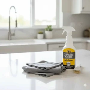 Tools for daily granite and quartz care, including a bottle of neutral pH cleaner and micro-fiber towels laid out on a kitchen counter.