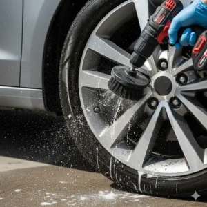 A power drill brush attachment used for heavy-duty cleaning of dirty rims and brake dust.