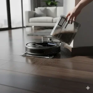 An image of the easy-to-empty dustbin being removed, showing a full compartment of pet hair and dirt picked up from the wood floor.