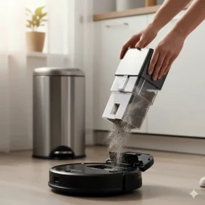 A user emptying the large-capacity dustbin of an affordable robot vacuum into a kitchen trash bin.