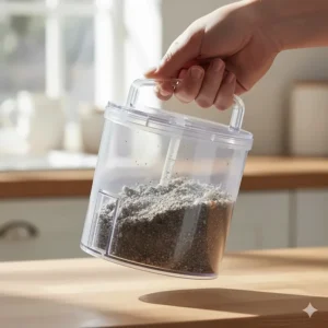 Hand holding the easy-to-empty dustbin from a budget robot vacuum to show capacity.