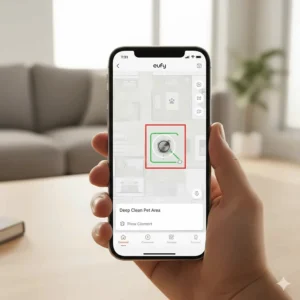 A screenshot of the eufy app map, showing a designated high-traffic area (e.g., near a dog bed) prioritized for extra deep pet hair cleaning.