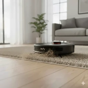 The eufy robot vacuum transitioning from hard floor to a shag carpet, demonstrating its ability to remove stubborn pet hair from varying floor types.