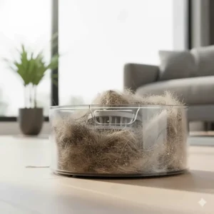 A clear, transparent shot of the eufy robot vacuum's dust bin, completely full of collected dirt and fine pet hair, showing its large capacity.