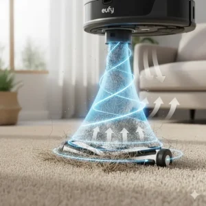 Diagram illustrating the powerful, high-suction mode of the eufy robot vacuum, which is necessary for lifting embedded pet hair from carpets.