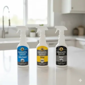 A line-up showing different Granite Gold products, such as the cleaner, polish, and sealer, next to each other.