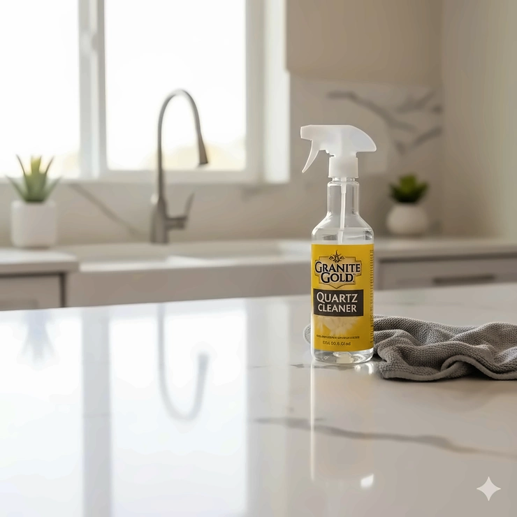 A streak-free, gleaming countertop made of light-colored quartz with a bottle of Granite Gold or similar quartz cleaner resting beside a clean cloth.