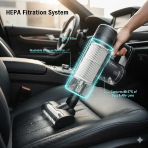 Close-up of a washable HEPA filter inside a car vacuum to capture fine dust and allergens.