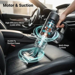 Diagram showing the high-speed motor and suction kPa of a handheld vacuum for car detailing.