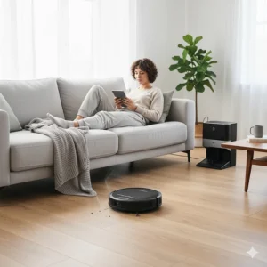 A person relaxing on a sofa while a self-emptying robot vacuum cleans the hardwood floor.