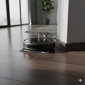 The robot vacuum cleaning right against the baseboard, demonstrating its ability to sweep fine dust from the edges of the hardwood floor.