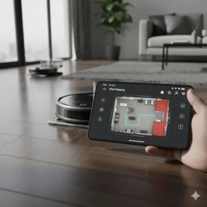 An overhead screen capture of a smart mapping app displaying the layout of a home, highlighting the clean zones and no-go areas on the hardwood surfaces.