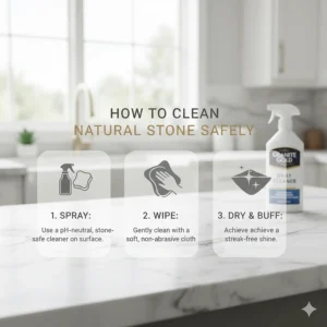 Instructions or a graphic illustrating how to safely clean natural stone, including marble and other sensitive stone types.