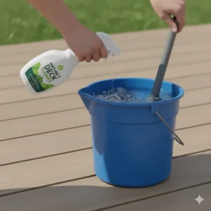 Diluting the specialized clean composite deck cleaner concentrate with water in a bucket before application.