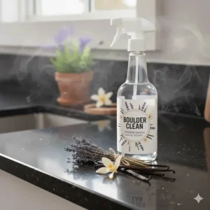 An illustration of lavender flowers and a vanilla bean next to the bottle, representing the natural, pleasing scent.