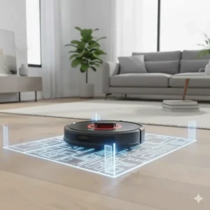 Illustration of a budget robot vacuum using a LiDAR sensor to create an accurate home map.