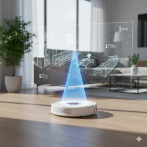 Digital rendering of a robot vacuum using LiDAR sensors to create a precise 3D map of a home layout.
