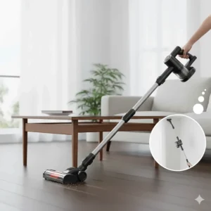 A lightweight stick vacuum reclining to clean under a low coffee table, demonstrating portability.