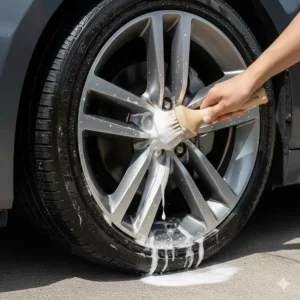 A specialized circular brush designed to clean rim lug nut holes and recessed bolts.