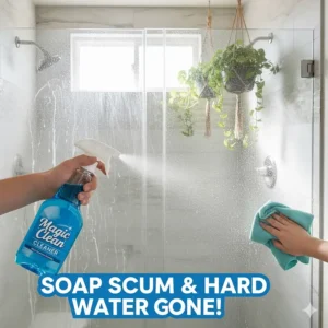 An illustration showing the Magic Clean Cleaner effectively dissolving soap scum and hard water stains in a bathroom shower.