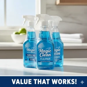A display of a multi-pack or value bundle of the effective Magic Clean Cleaner bottles.