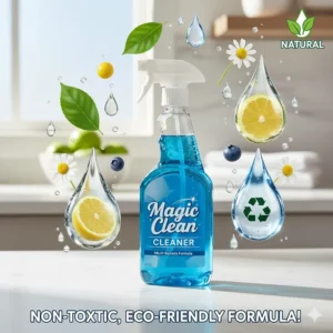 Graphic depicting the non-toxic, eco-friendly formula of the Magic Clean Cleaner for safe household use.