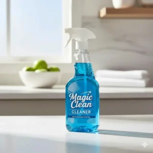 A high-quality photo of the Magic Clean Cleaner spray bottle on a bright, clean countertop, emphasizing the product's packaging and readiness for use.