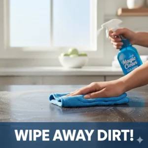 A hand using a microfiber cloth to wipe away dirt easily with the Magic Clean Cleaner product.