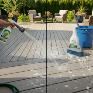 A close-up of dark mildew and stubborn stains on composite decking, which require a powerful cleaner to remove.