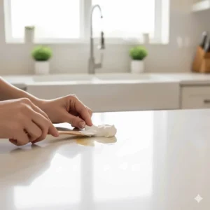 A homeowner applying a poultice to a stubborn cooking oil stain on a white quartz surface, demonstrating safe stain removal.