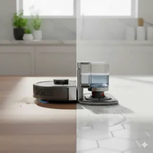 Cross-section view of a 2-in-1 robot vacuum and mop scrubbing a kitchen tile floor.