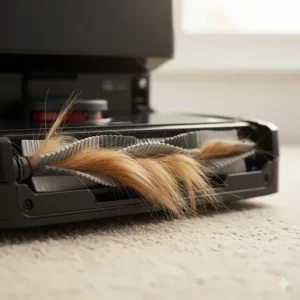 Close-up of a dual rubber tangle-free brush roll designed to prevent long pet hair from clogging the robot vacuum.