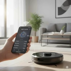 A smartphone app interface used to set cleaning schedules for a budget robot vacuum under $200.
