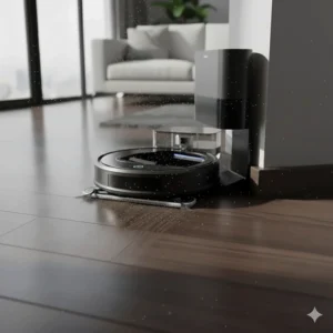 The robot vacuum aligning perfectly with its charging dock station, ready to recharge and resume cleaning the hardwood floors.