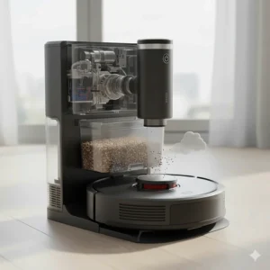 Illustration showing how debris moves from a robot vacuum into the self-emptying base station.