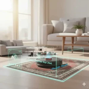 Close-up illustration of a robot vacuum lifting its mop pads when detecting area rugs or carpets.