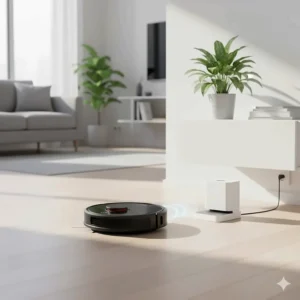 A budget robot vacuum returning to its charging dock after finishing a cleaning cycle in a small apartment.