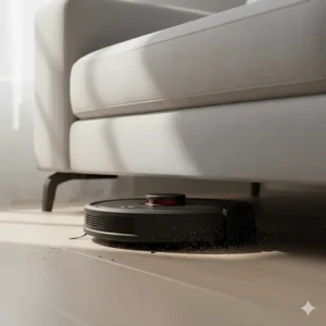 Slim profile budget robot vacuum cleaning dust and pet hair underneath a low-clearance sofa.