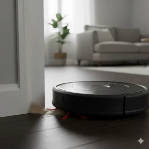 A robot vacuum with spinning side brushes reaching into corners to pull out hidden clumps of cat fur.