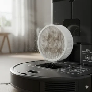 Illustration of a high-efficiency HEPA filter trapping microscopic pet dander and allergens inside a robot vacuum dustbin.