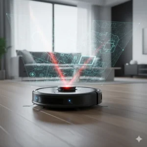 Illustration of LiDAR sensors and laser mapping used by the best self-emptying robot vacuums.