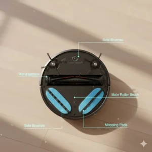 Top-down view of the underside of a robot vacuum mop combo highlighting side brushes and the main roller.