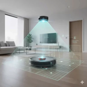 An illustration showing LiDAR laser navigation mapping a home layout for a robot vacuum mop combo.