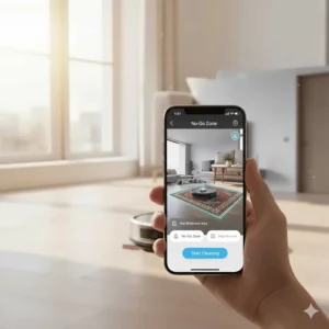 A hand holding a smartphone using a mobile app to set no-go zones for a robot vacuum and mop.