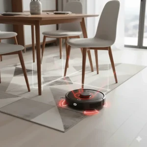 A budget-friendly robot vacuum using smart sensors to navigate and avoid obstacles like chair legs and area rugs.